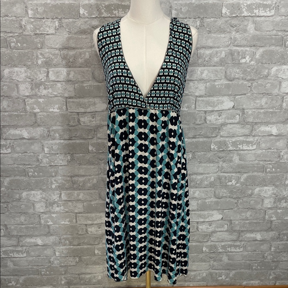 Max Studio Deep V black and green geometric midi dress.